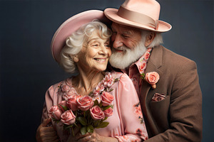 Elderly couple in pink attire sharing a loving moment with roses., a Person Photo by ImageMir