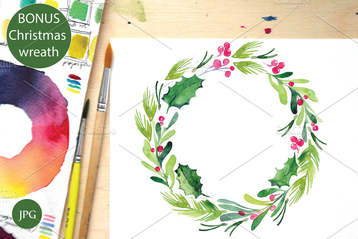 Watercolor Christmas set, wreath, a Decorative Illustration by Olesya Morokhovets (Photo 2 of 4)
