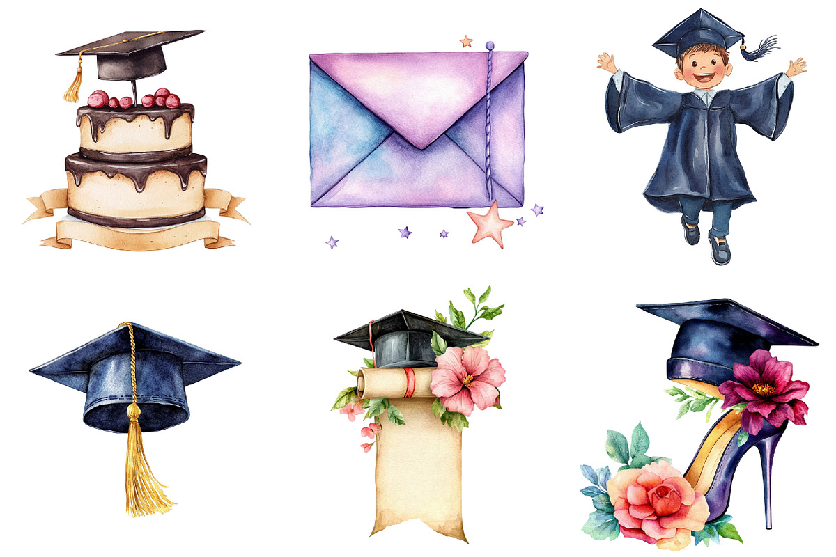 Watercolor Graduation Clipart Set, an Illustration by Libby Wishes (Photo 3 of 7)
