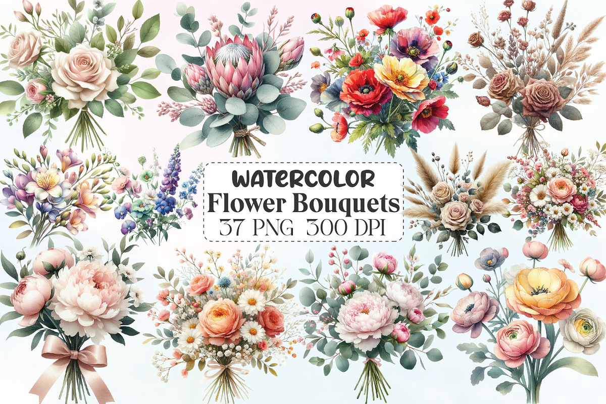 Watercolor Flower Bouquets Clipart, an Illustration by CraftArtStudio (Photo 1 of 6)