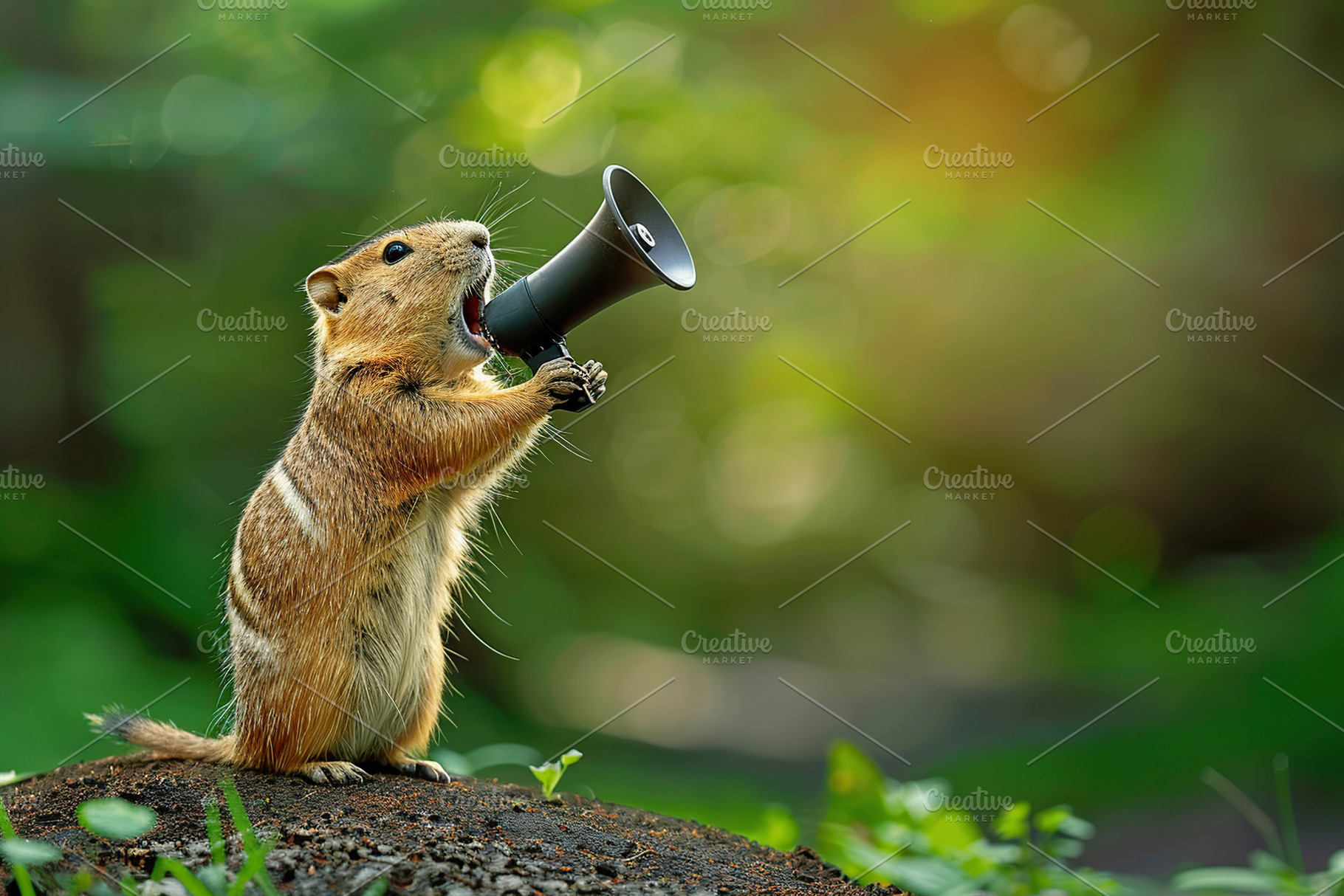 Gopher screams in loudspeaker on green background, an Animal Photo by AlyaAnd