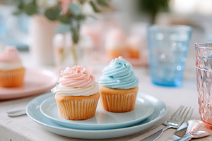 Colorful cupcakes on a table setting with floral background during a casual gat, a Photo by AlyaAnd