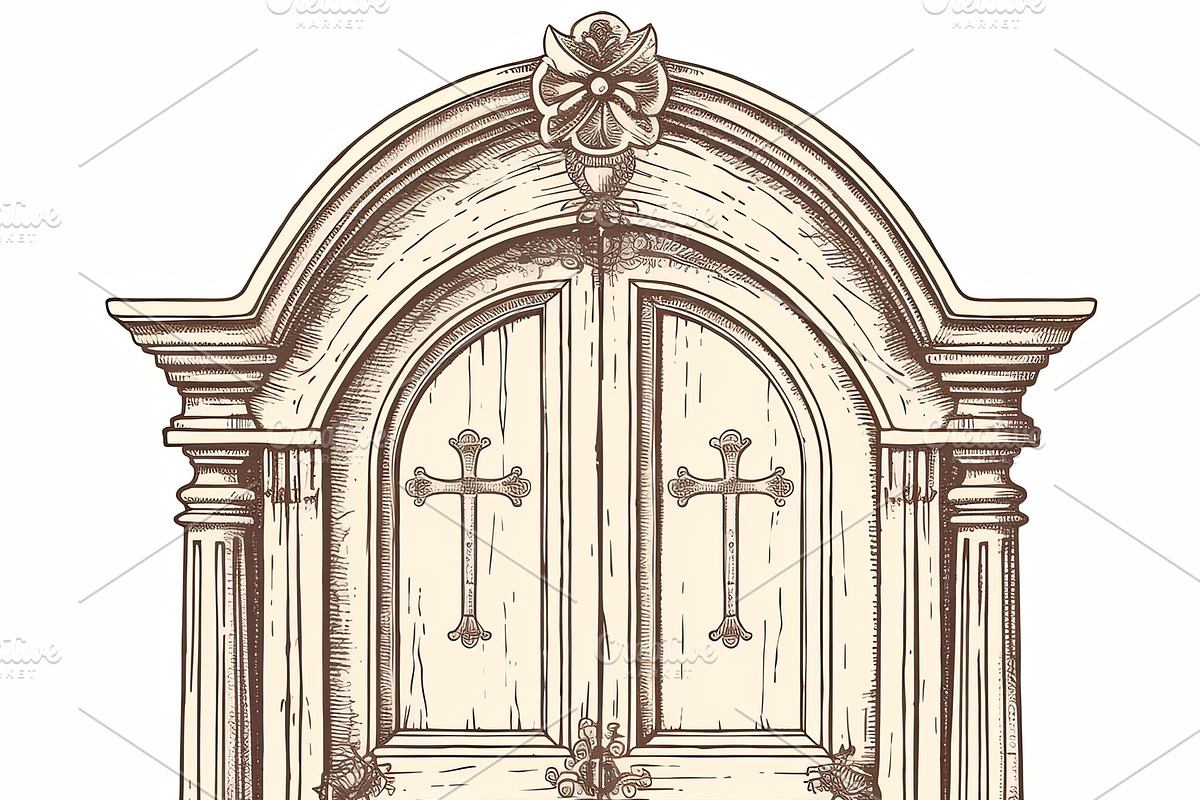Antique wooden confessional door with ornate decoration and symbolic carvings, an Illustration by AS photostudio