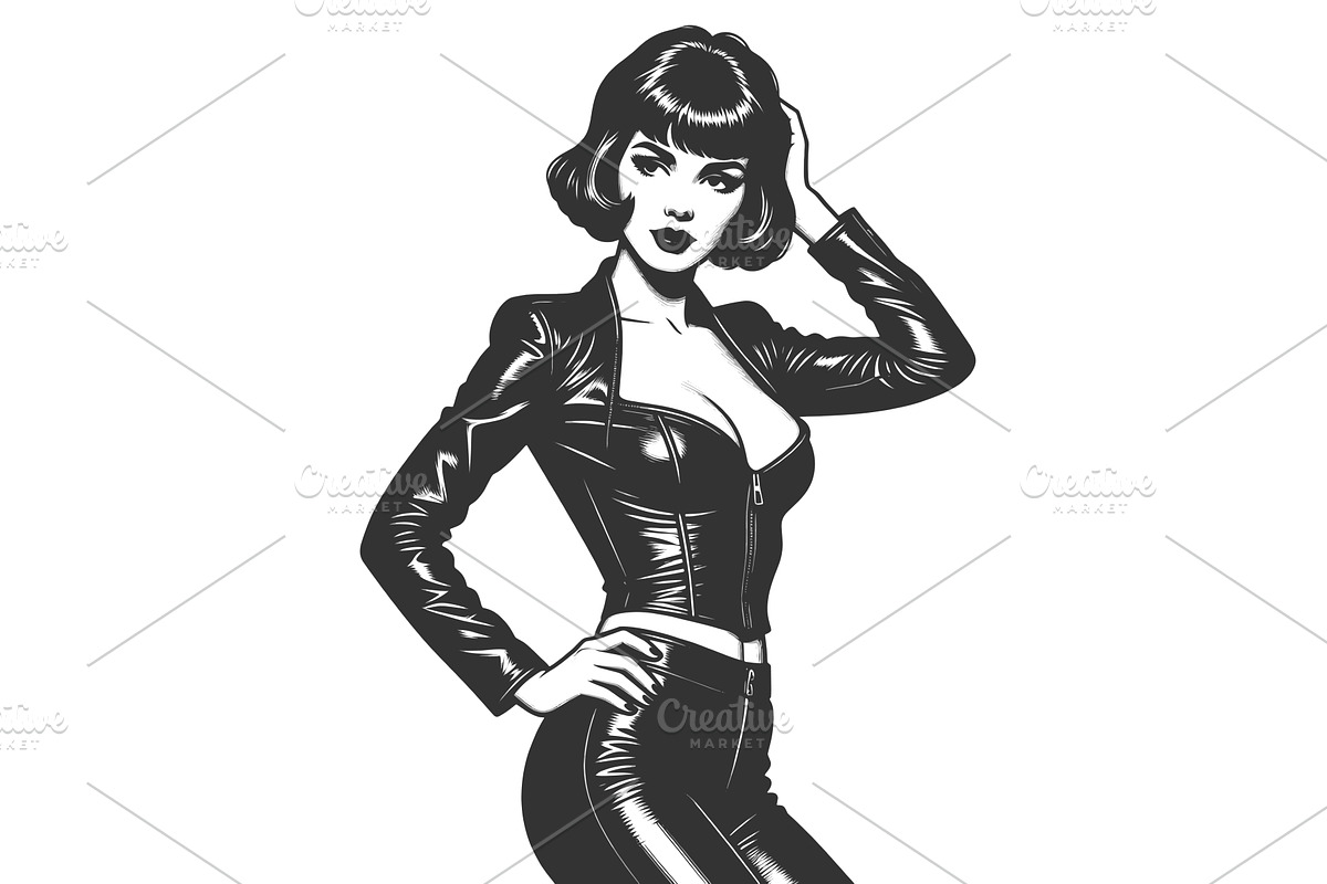 Confident Woman in Black Leather, an Object Illustration by AlexArt