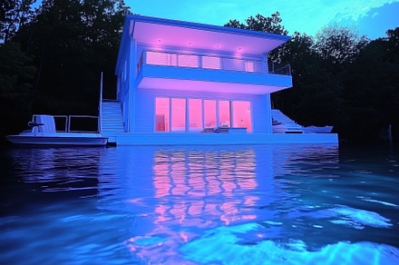 A modern house on water illuminated with vibrant purple and pink lights, reflec, an Arts & Entertainment Photo by Textures & Backgrounds