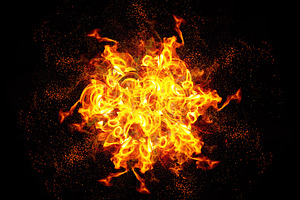 A bright, symmetrical fire explosion with intense yellow and ora, an Abstract Photo by ndanko