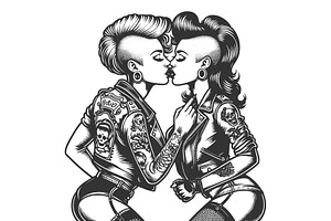 Two Punk Women Kissing Vector