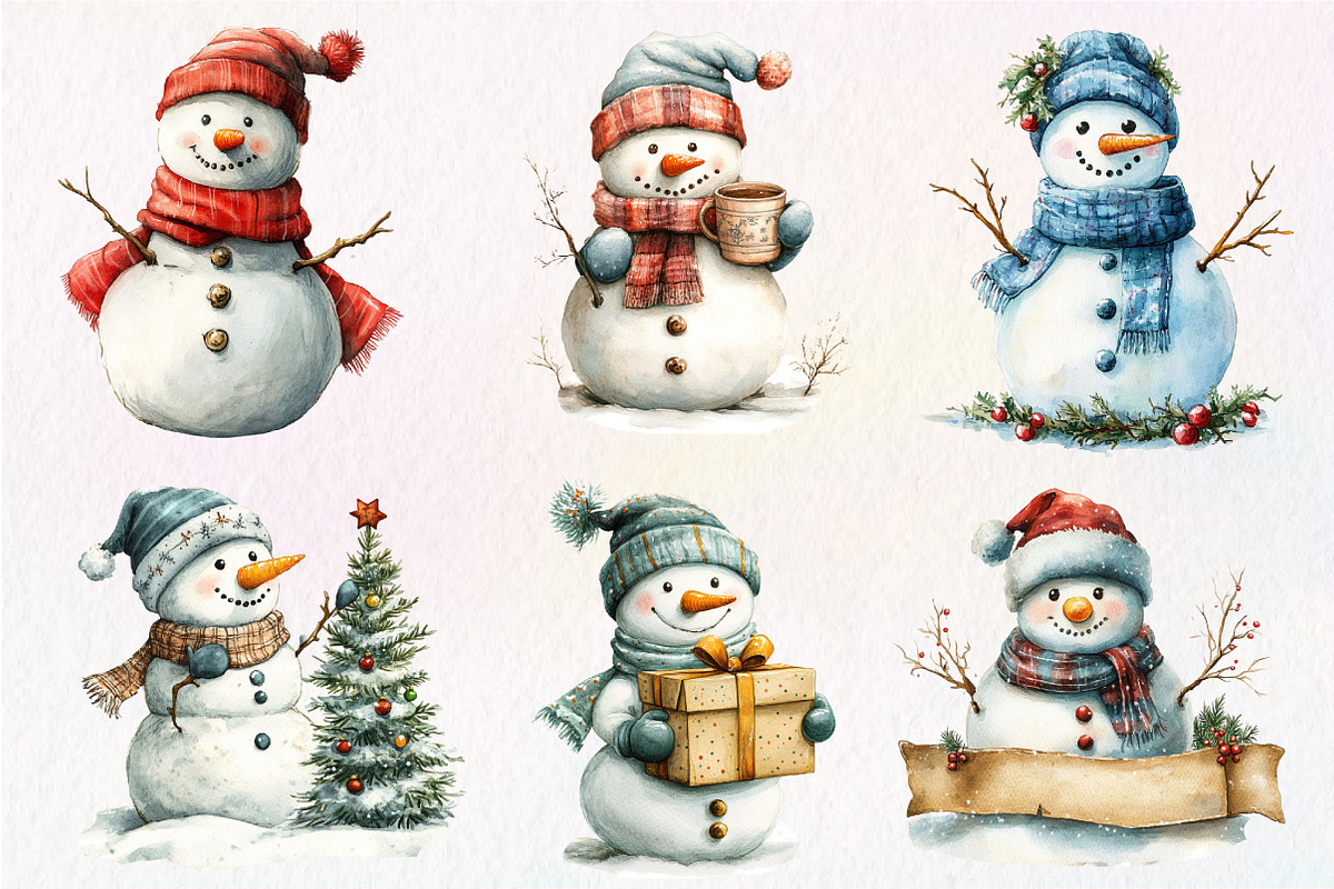 Watercolor Christmas Snowman Clipart, an Illustration by Dream Creation (Photo 4 of 6)