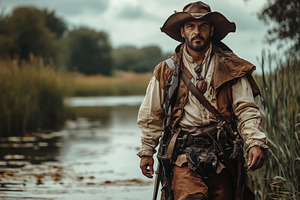 A rugged man dressed in historical attire walks along a riverbank, surrounded b, a Person Photo by Textures & Backgrounds