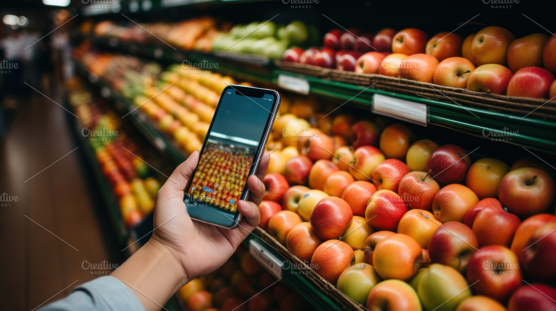 Hand holding smartphone and choosing apples on shelf in supermar, a Person Photo by AS photostudio