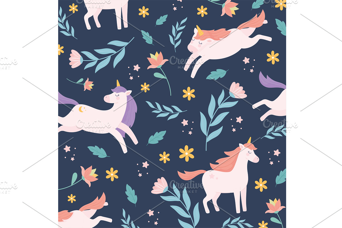 unicorns floral decoration, an Animal Illustration by studiogstock