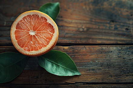 Fresh and tasty grapefruits with green leaves on wooden background, a Food & Drink Photo by AlyaAnd