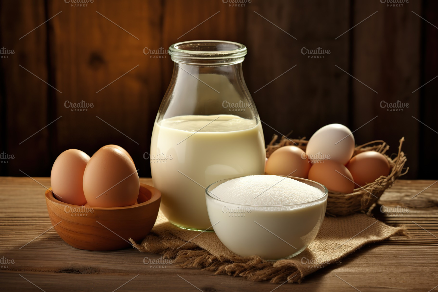Fresh dairy products on wooden background, a Food & Drink Photo by AlyaAnd