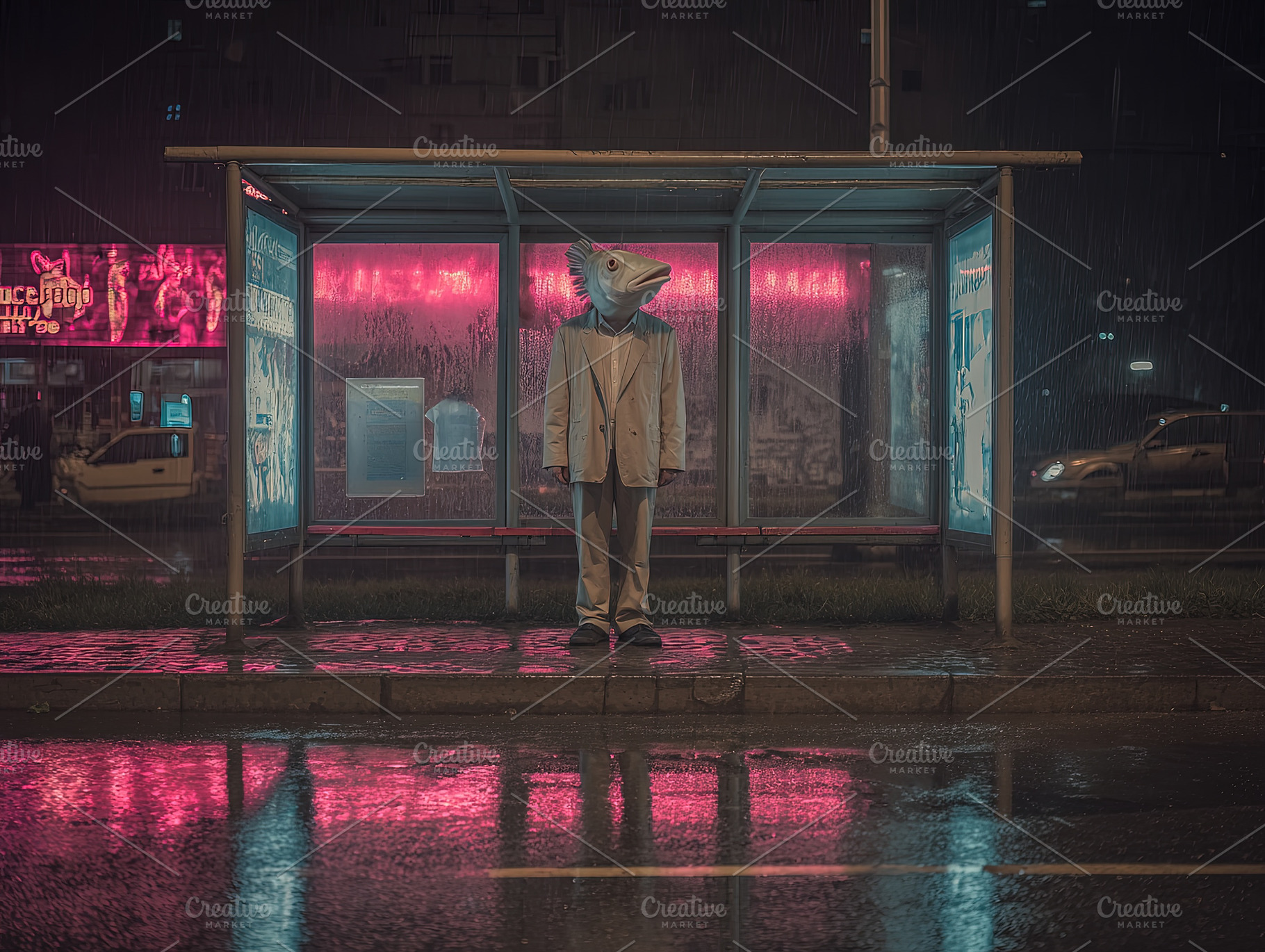 Person in a fish mask and suit standing at a bus stop under neon, an Abstract Photo by Ales Munt