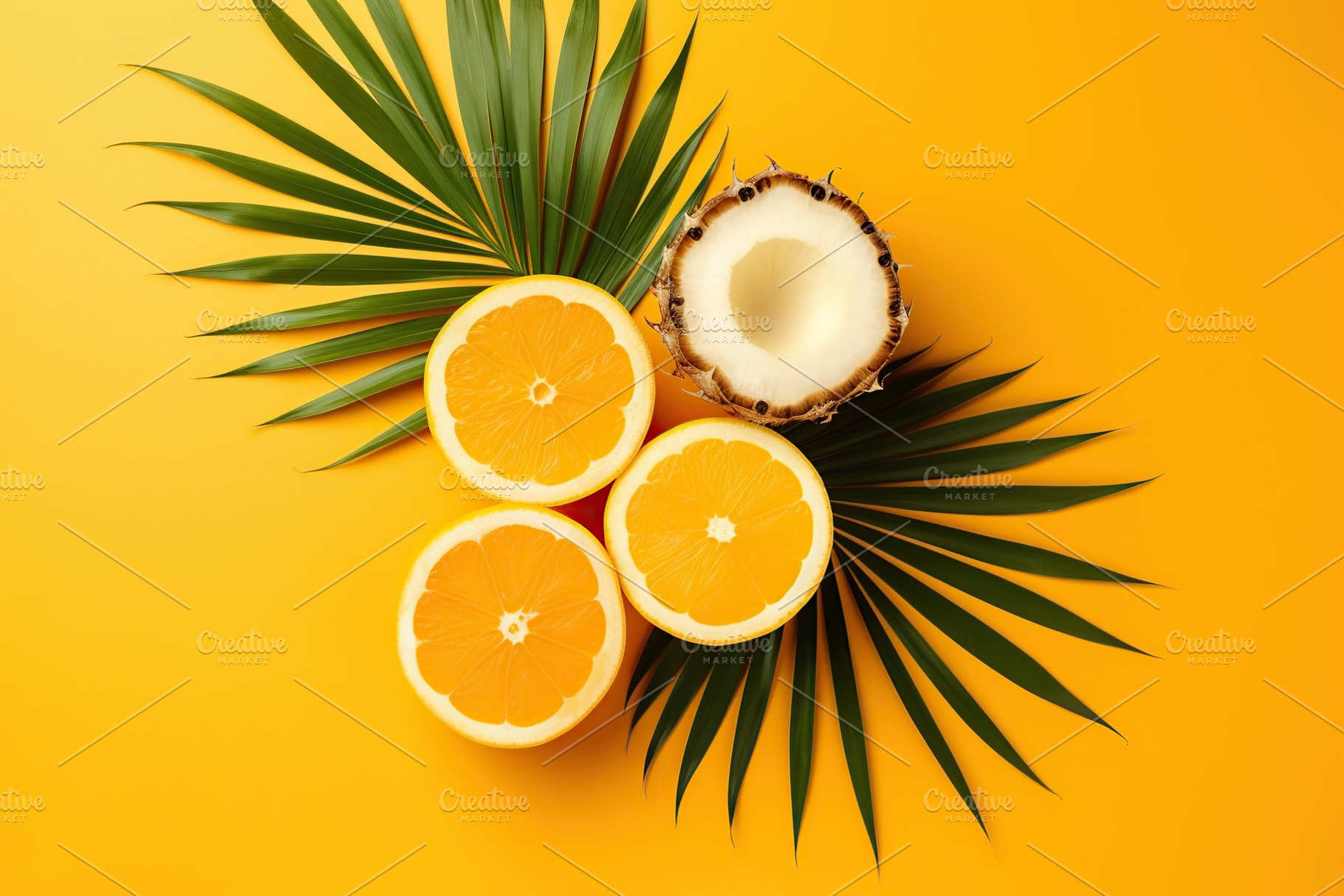 Fresh orange and coconut fruits with palm tree leafs. Generative AI, a Food & Drink Photo by AlyaAnd