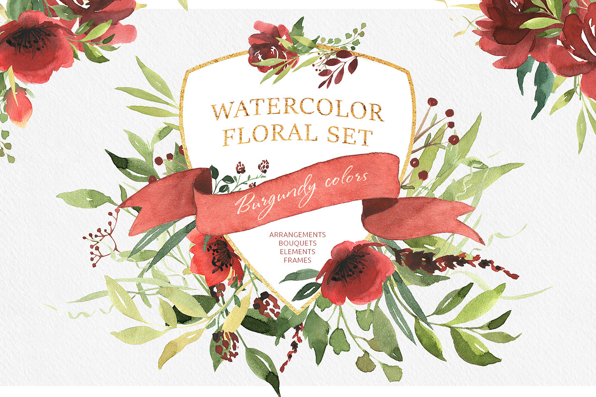 Watercolor floral set-Burgundy color, a Decorative Illustration by Pamyatka Shop (Photo 1 of 7)