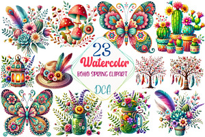 Watercolor  Boho Spring Clipart, an Illustration by DreamCafeArt