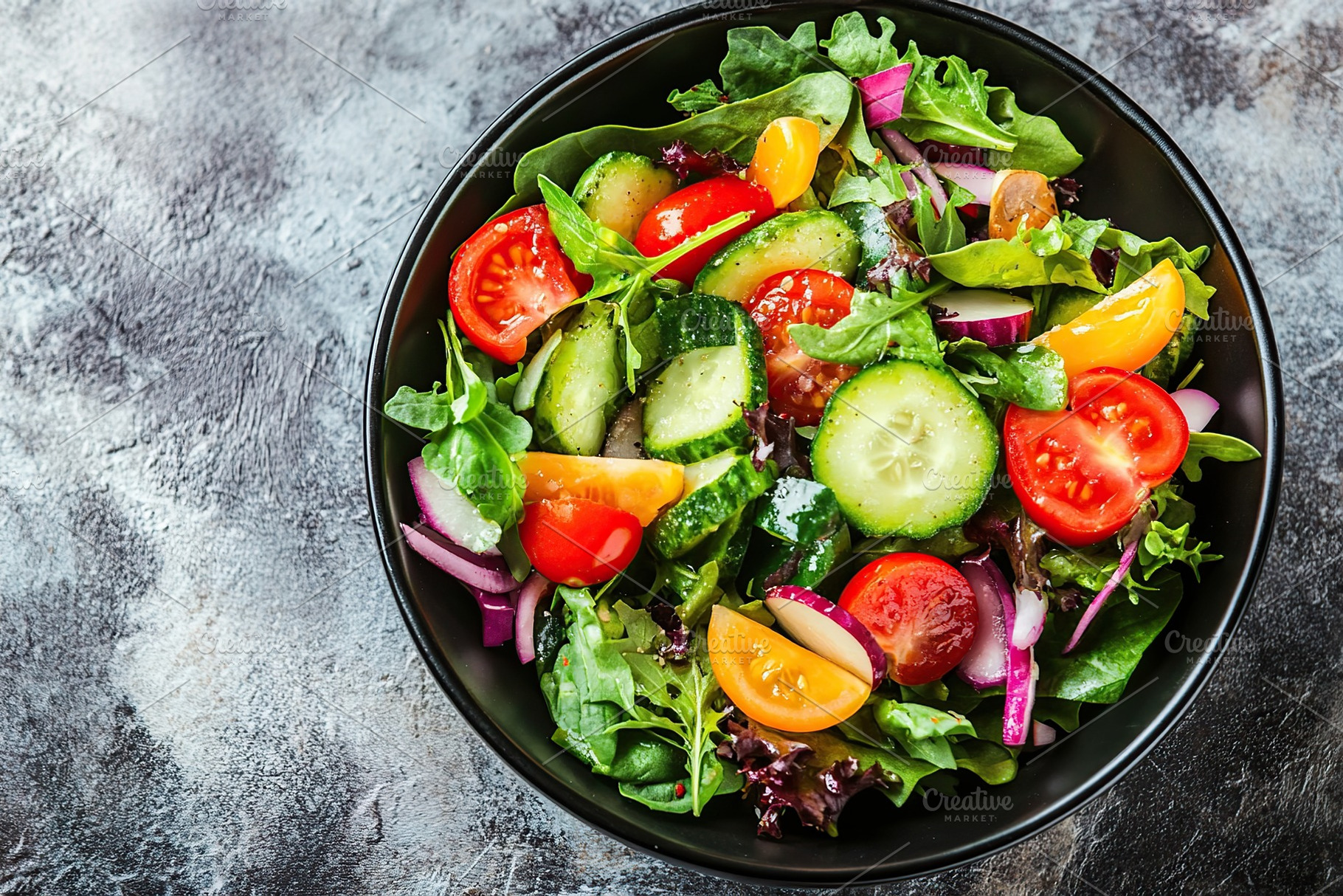 Fresh salad with vegetables in bowl, organic healthy food, a Food & Drink Photo by AlyaAnd