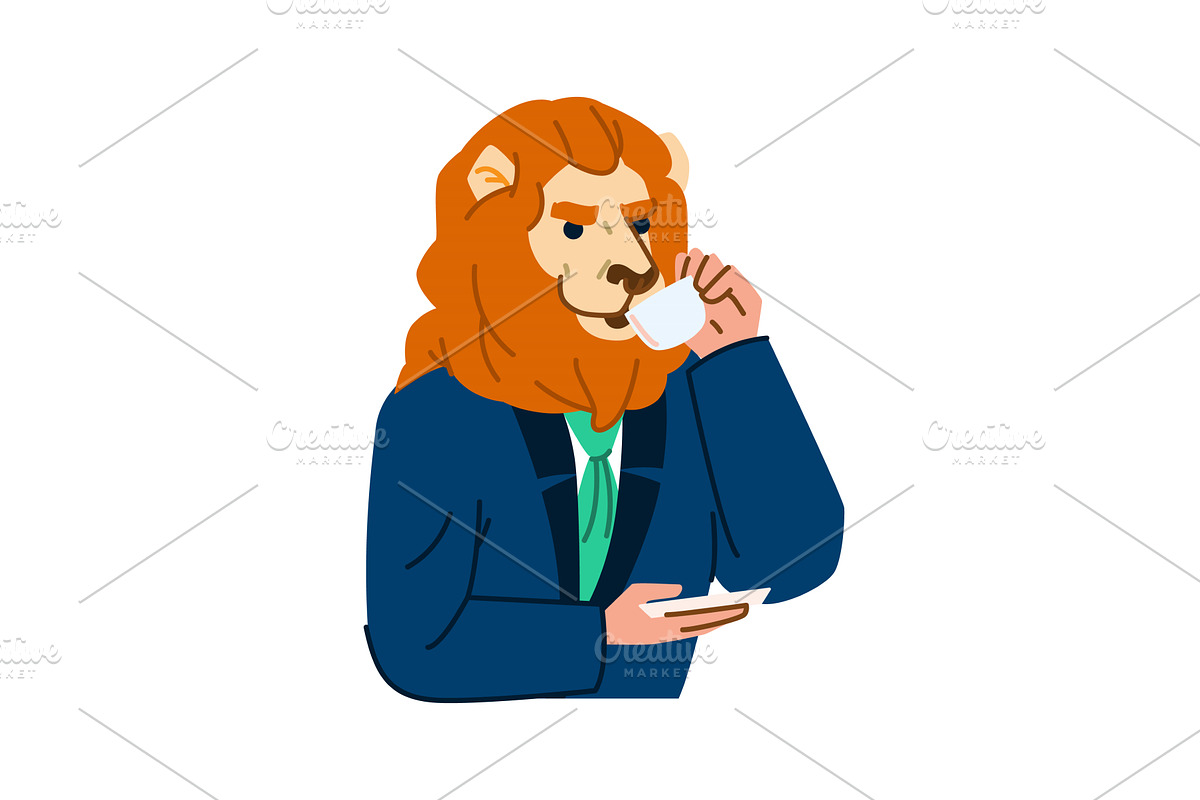 Lion businessman drinking coffee, an Animal Illustration by pikepicture