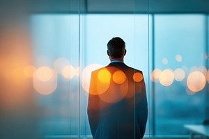 Contemplative businessman silhouette by window, a Business Photo by AlyaAnd