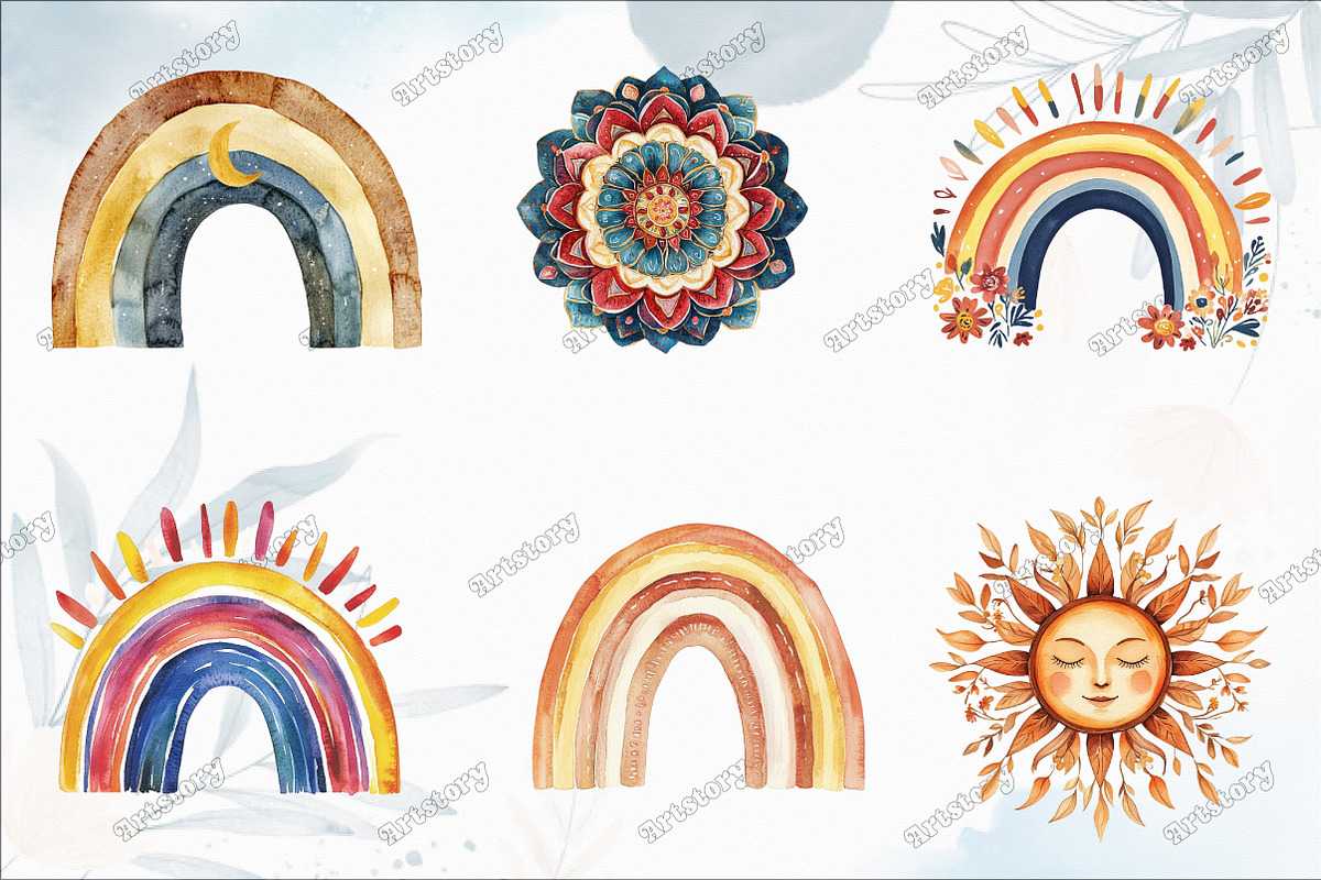Watercolor Boho Rainbow Clipart, an Illustration by designcity5 (Photo 2 of 5)
