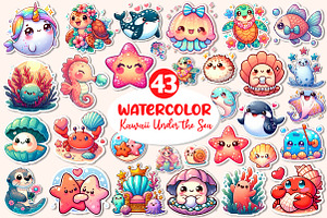 Kawaii Sea Animals Sticker Clipart, an Illustration by Dream Creation