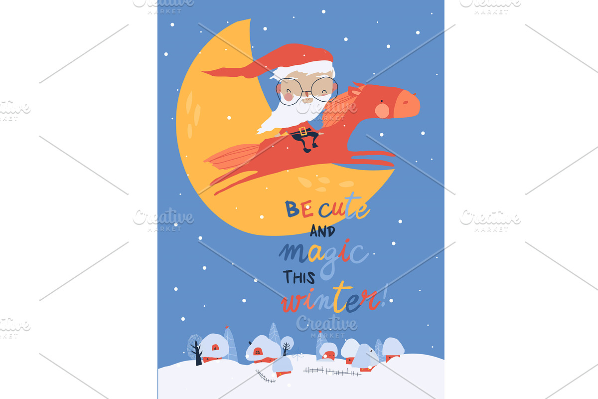 Santa Claus flying on Red Horse, an Illustration by Maria Starus