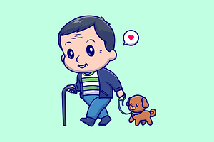 Cute Old Man Walking with Dog Pet, a Person Illustration by Catalyst Labs