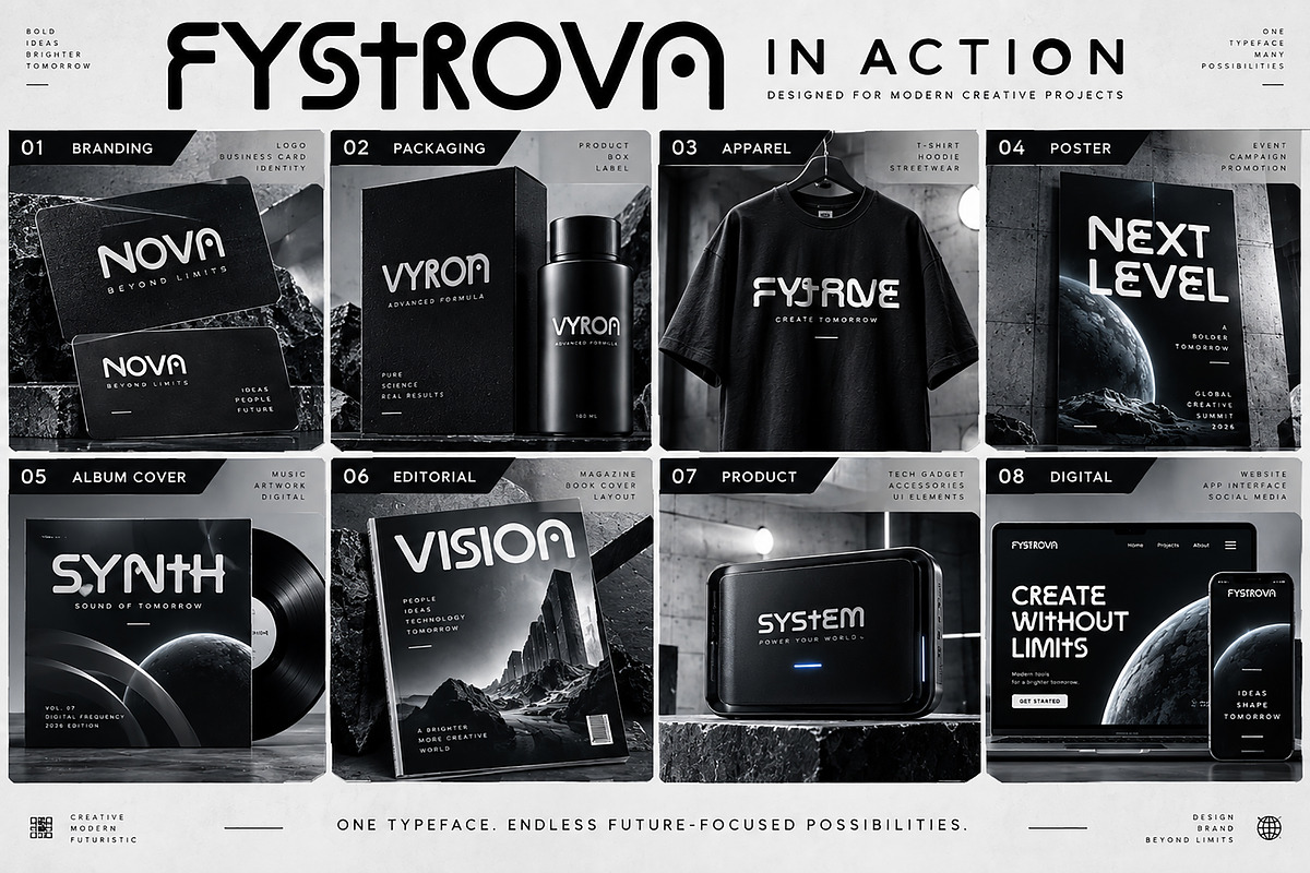 FYSTROVA — Futuristic Display Font, a Script Font by Wow Magic (Photo 2 of 5)