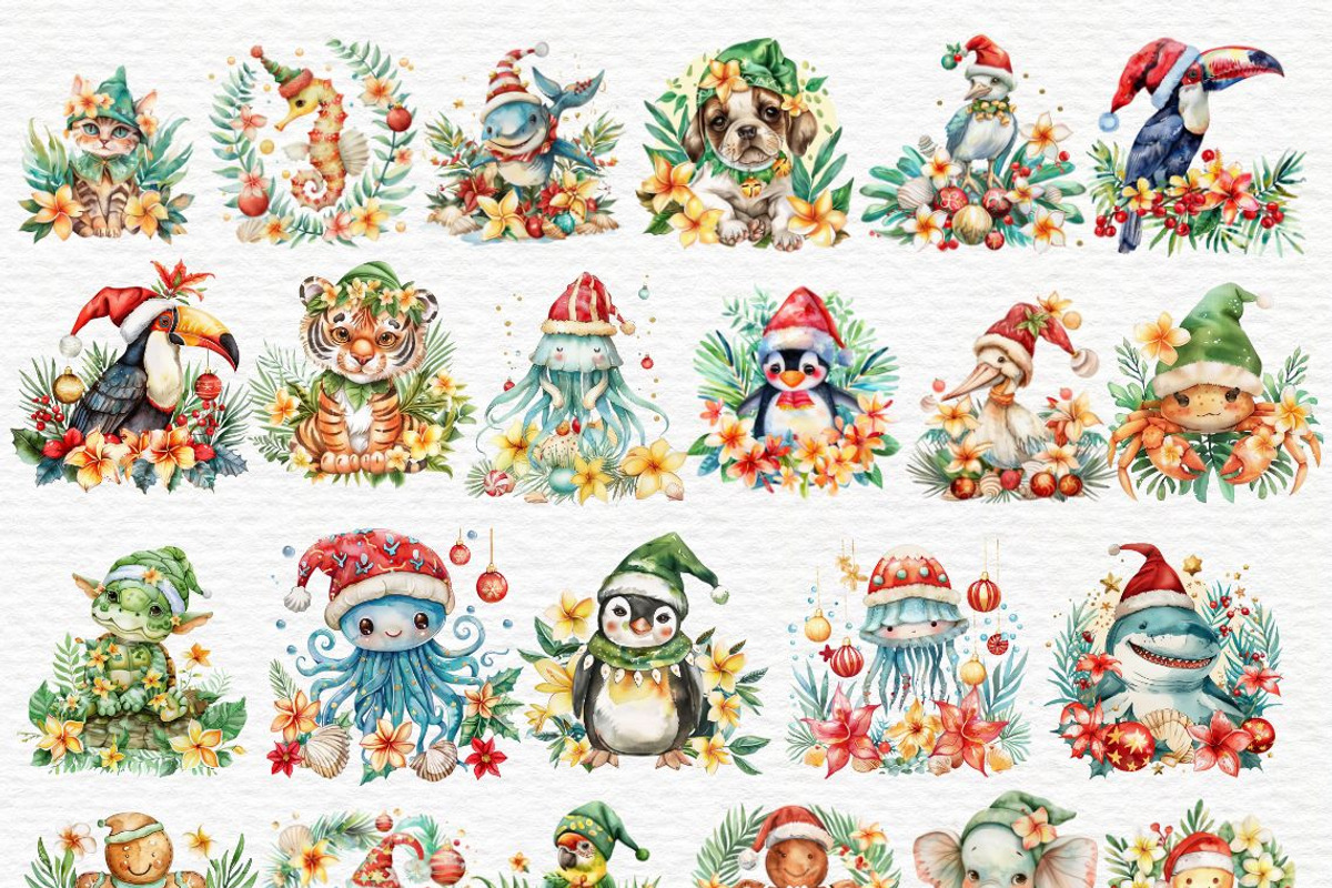 Tropical christmas watercolor clipar, a Seasonal Illustration by Invite to Clipart (Photo 7 of 7)
