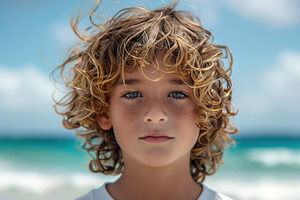 Cute little boy with curly hair on blurred ocean background, a Person Photo by AlyaAnd