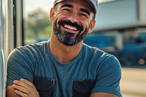 Smiling man by truck outdoors, a Photo by Beautiful things