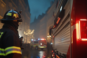 Firefighter standing next to fire truck on city street at night, a Photo by Dvoevnore photos
