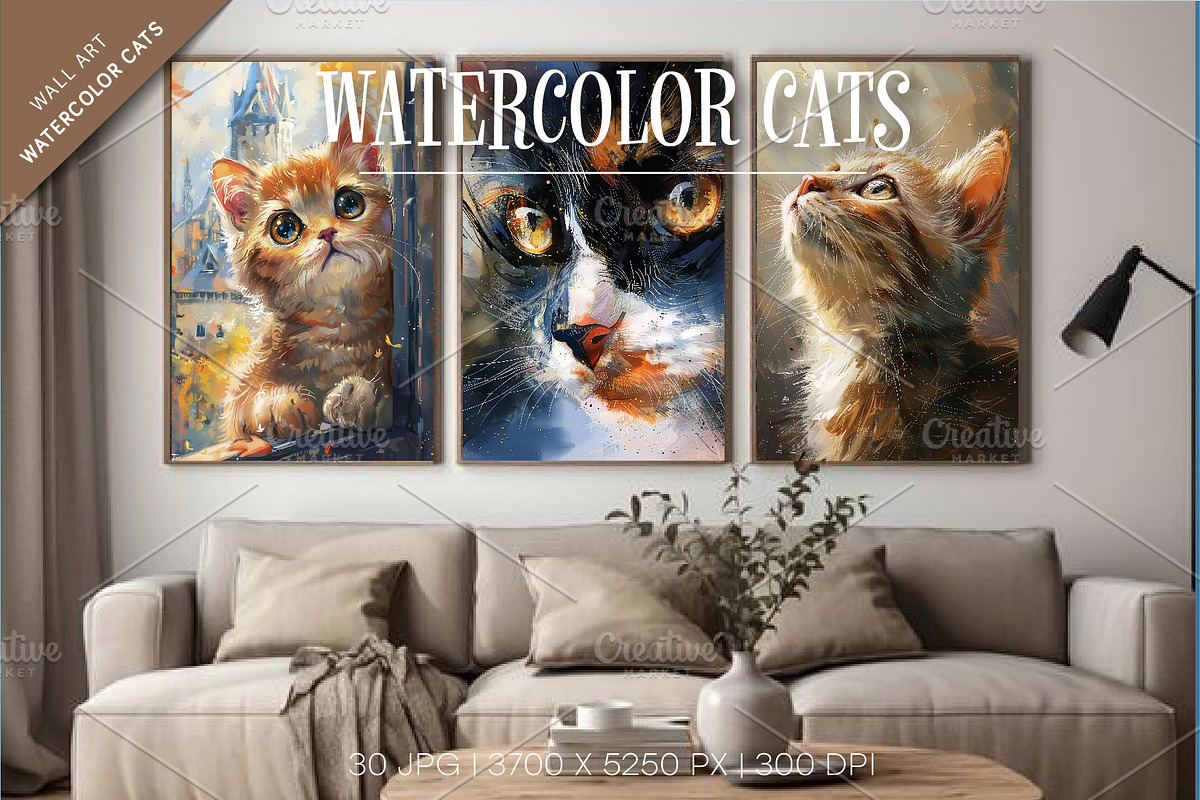 Watercolor cats. Wall art., a Decorative Illustration by KENO Mascots (Photo 3 of 6)