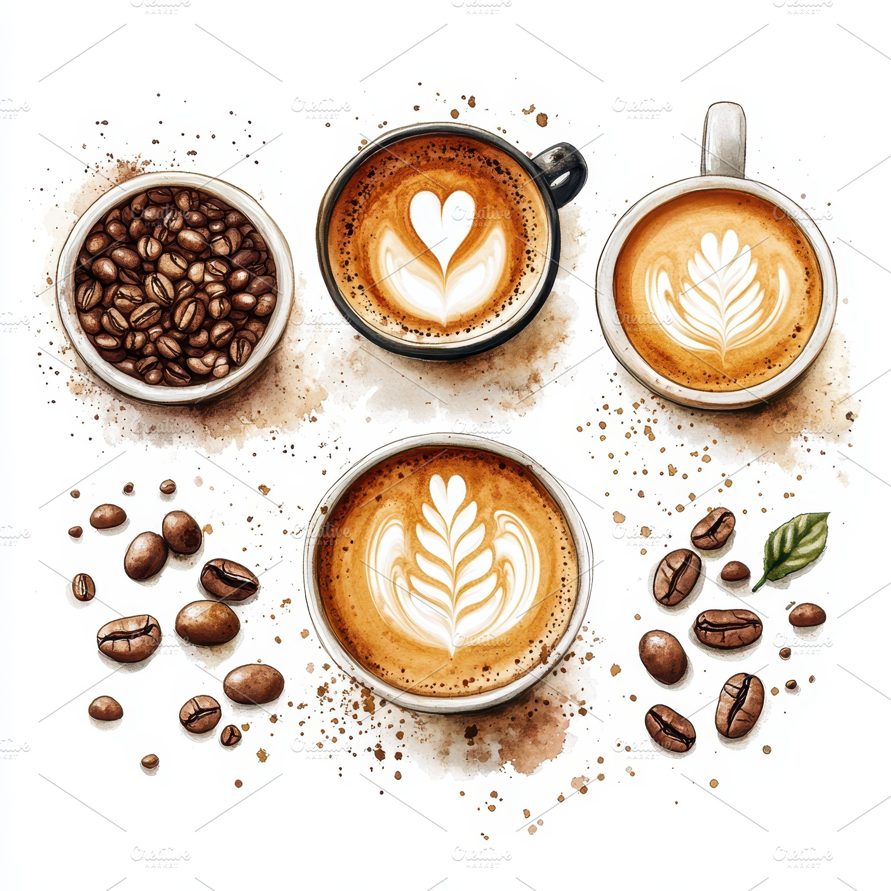 Latte art coffee beans watercolor pa, a Food & Drink Photo by Pixeness Studio