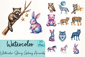 Watercolor Starry Galaxy Animals Cli, an Illustration by CrexoraLab
