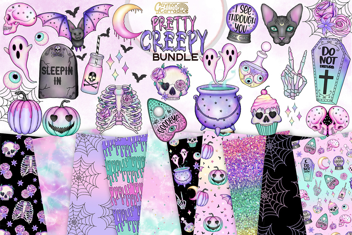 Creepy clipart and pattern bundle, an Illustration by Gaynor Carradice Designs (Photo 1 of 3)