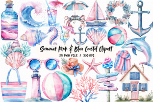 Summer Pink & Blue Coastal Clipart, an Illustration by Libby Wishes
