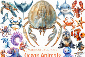 Watercolor Ocean Animals Clipart, an Illustration by Craft Nest