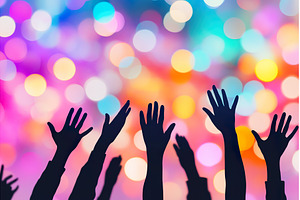 Raised hands silhouettes against, an Abstract Photo by Lermont51