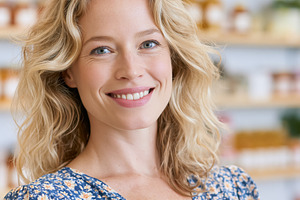 Portrait of a smiling blonde woman happily working in a small lo, a Person Photo by Studio ANNA