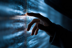 Businessman hand touches screen with, a Business Photo by MistyDay