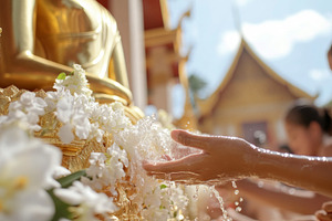 Songkran festival celebration with water splashing on Buddha sta, a Photo by Dvoevnore photos