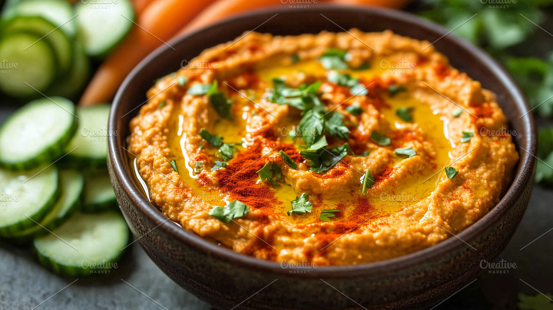 Creamy hummus topped with olive oil, a Food & Drink Photo by MistyDay