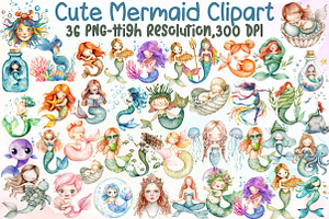 Cute Mermaid Watercolor Clipart, an Illustration by Sublimation Artist