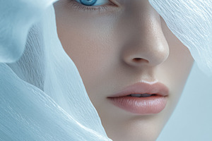 Woman's portrait with bright blue eye looking out from behind et, a Photo by Studio ANNA