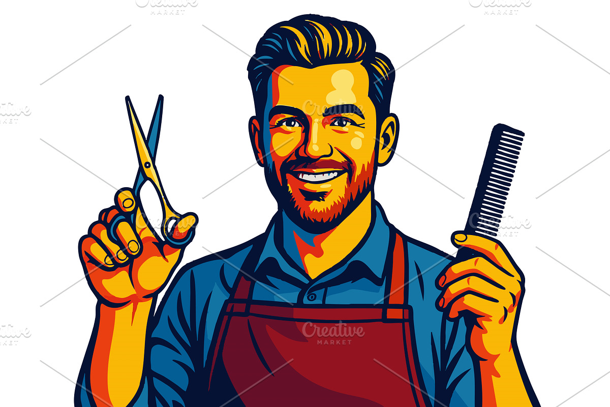 Smiling Barber Holding Scissors and, an Object Illustration by AlexArt