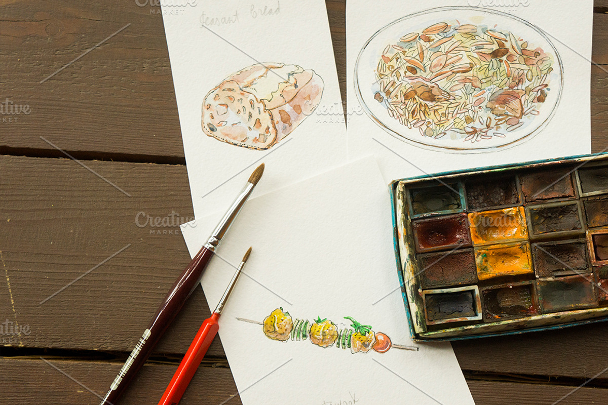 Watercolor Mediterranean food set-1, a Food Illustration by miminoshka (Photo 6 of 7)