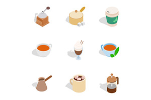 Tea And Coffee Icons, Isometric 3d