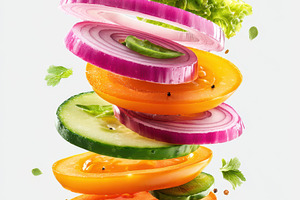 Colorful sliced vegetables floating in mid-air, a Food & Drink Photo by AlyaAnd